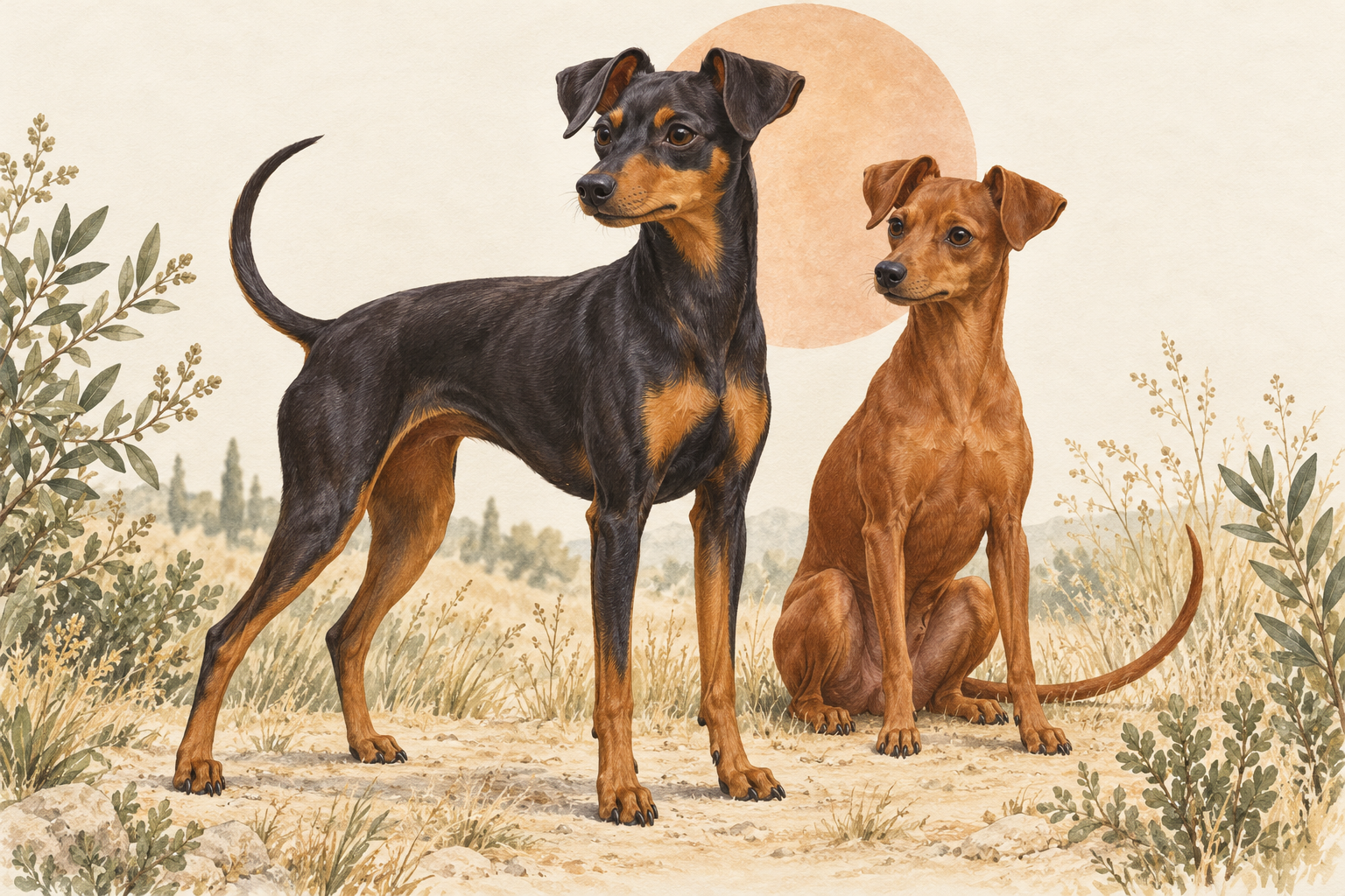 Ilustración de dos pinscher miniatura, negro y fuego y rojizo, con orejas plegadas y colas largas completas